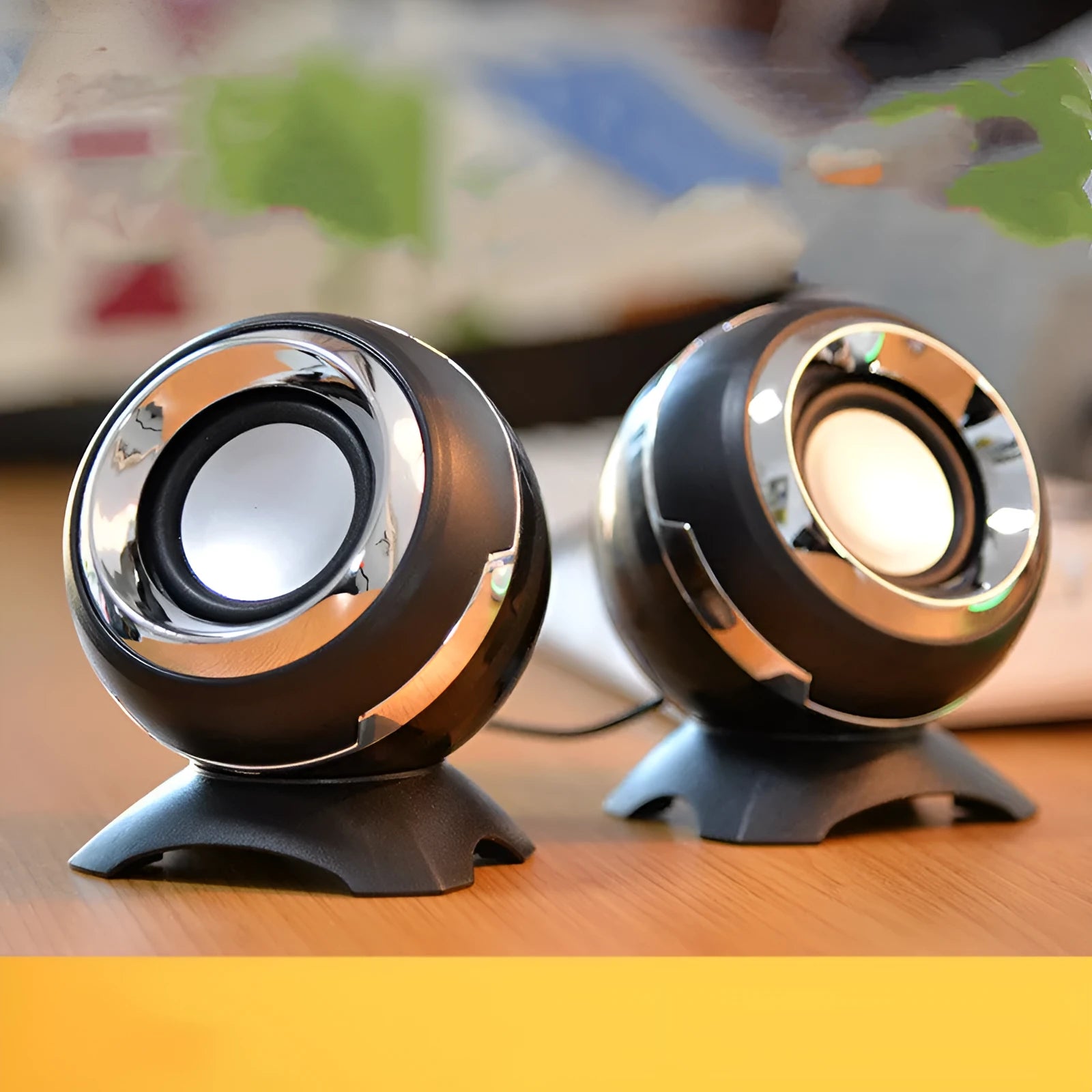 Compact black and gold USB-powered stereo speakers for computer desktop with 130cm cable