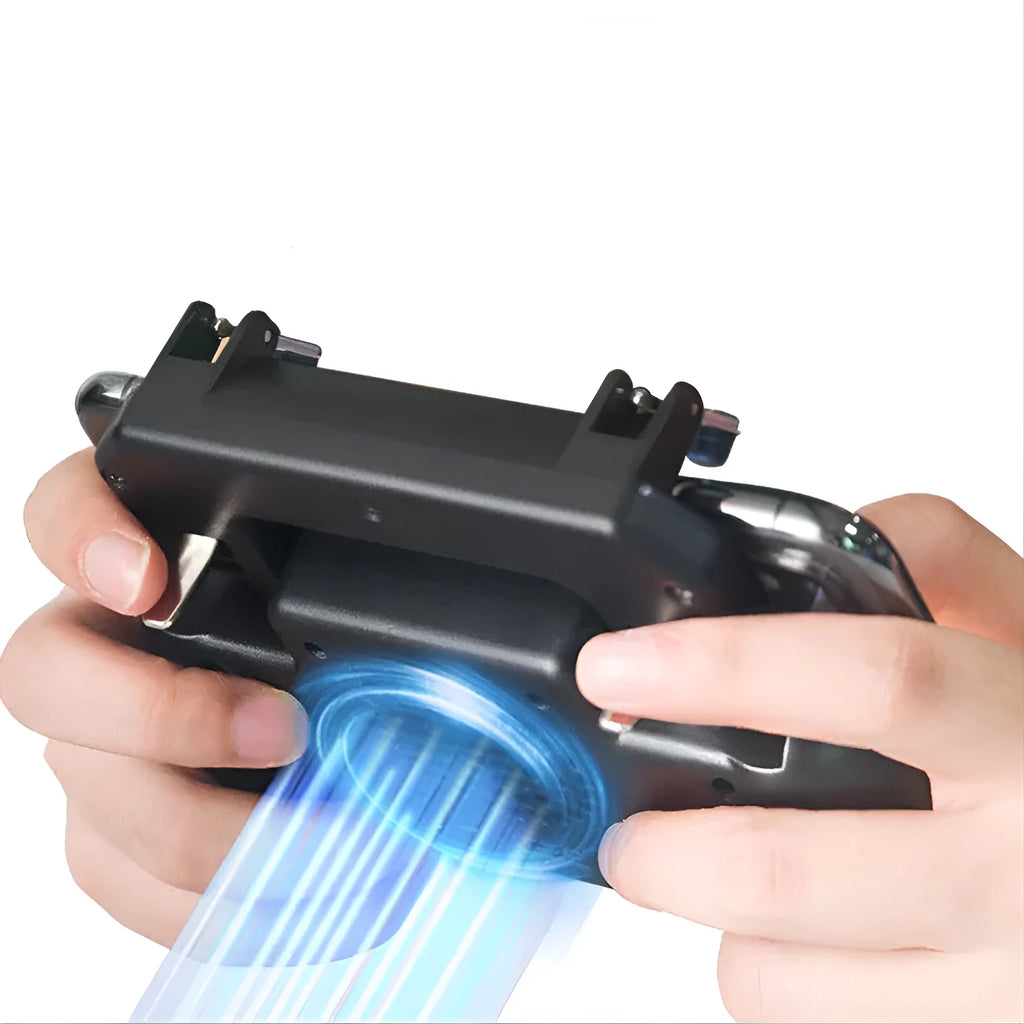 Black mobile game controller for smartphones with aluminium alloy trim and action buttons.