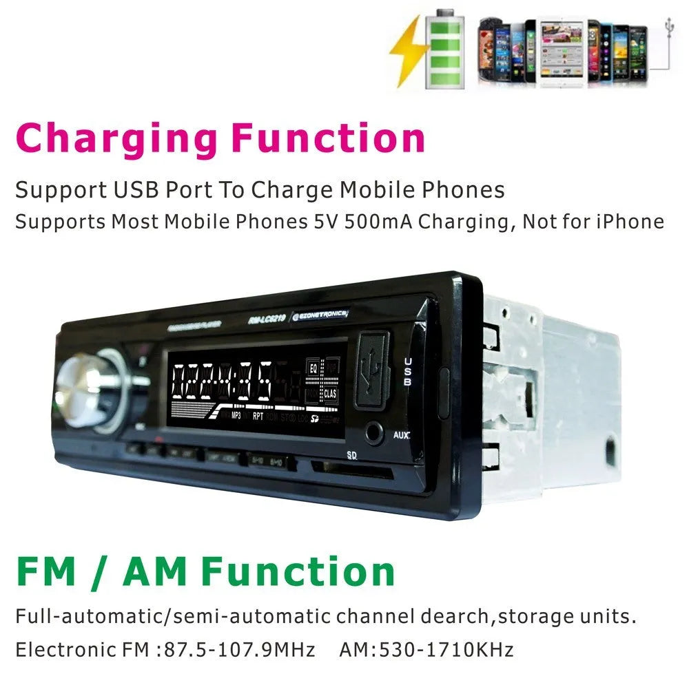 Car stereo receiver with Bluetooth, USB port, SD card slot and auxiliary input for vehicle audio