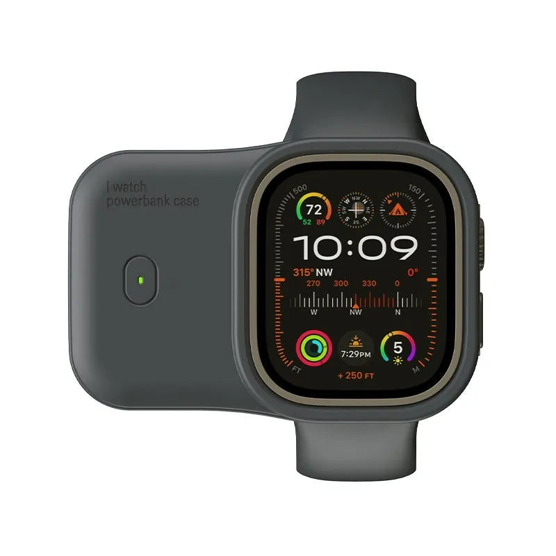 Apple Watch portable wireless power bank charging case with silicone sleeve in brown colour.