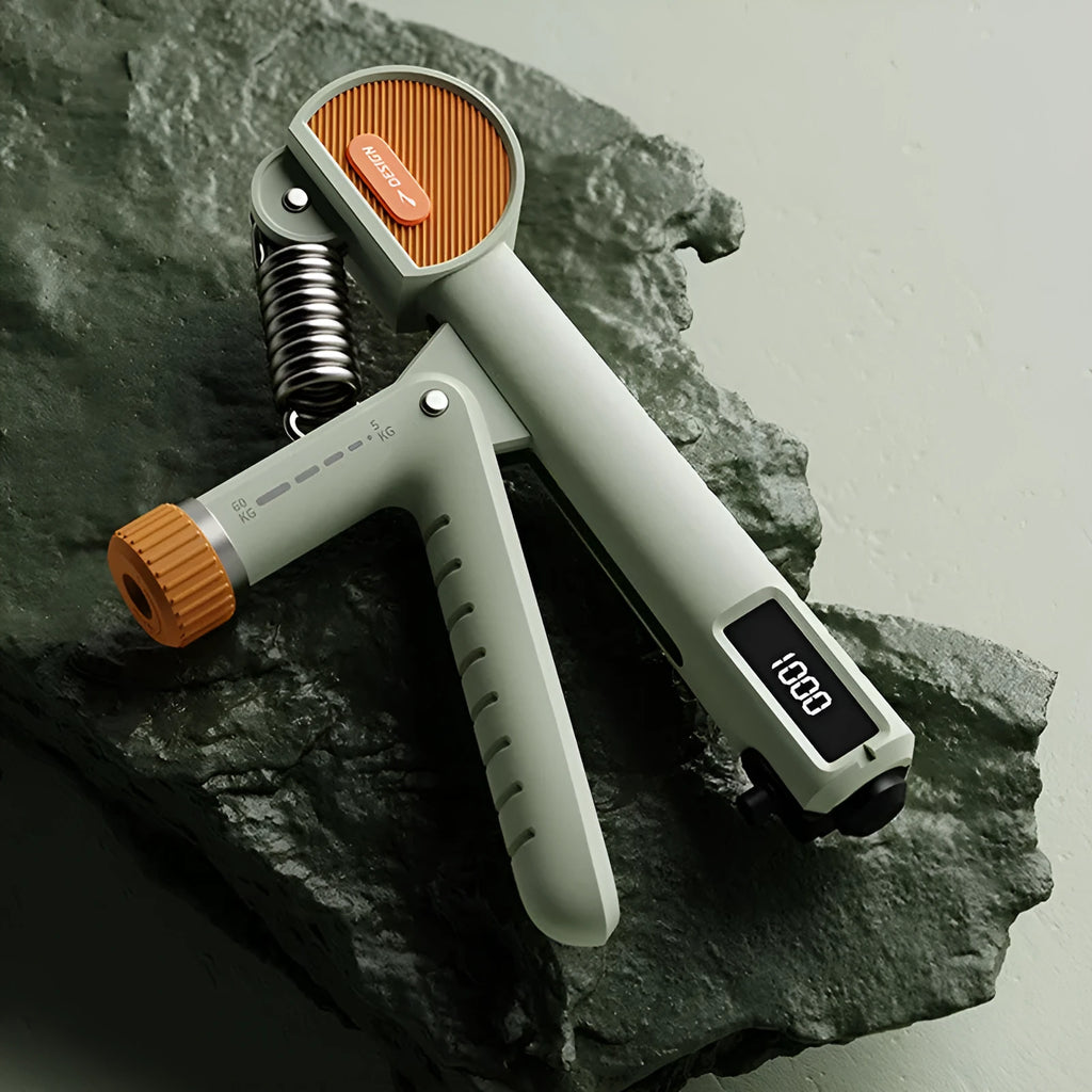 Adjustable spring hand grip strengthener in army green, dark black, or ivory white.