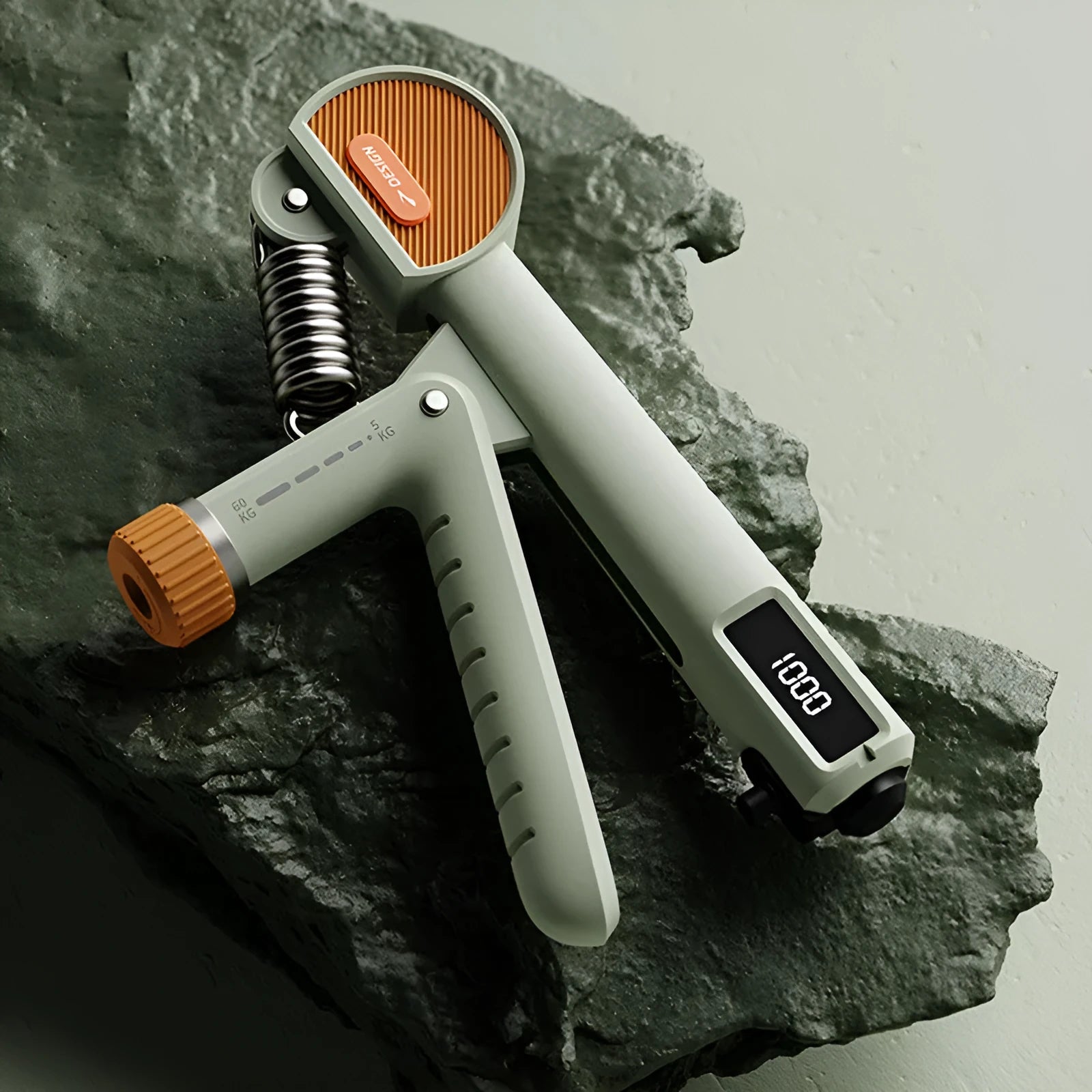 Adjustable spring hand grip strengthener in army green, dark black, or ivory white.