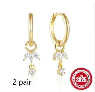 Sterling silver sunflower earrings with geometric design and inlaid zircon stones in golden three diamonds colour