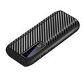 20000mAh mini portable power bank in black, showing USB ports and compact 142mm size.