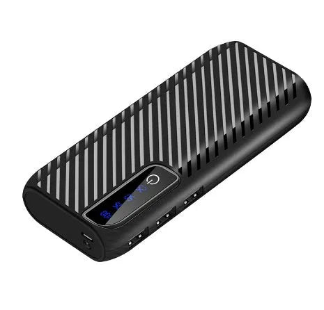 20000mAh mini portable power bank in black, showing USB ports and compact 142mm size.