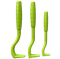 Three plastic hook tools for removing ticks from dogs and cats, in blue and green colours.
