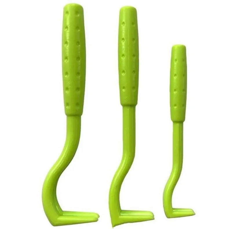 Three plastic hook tools for removing ticks from dogs and cats, in blue and green colours.