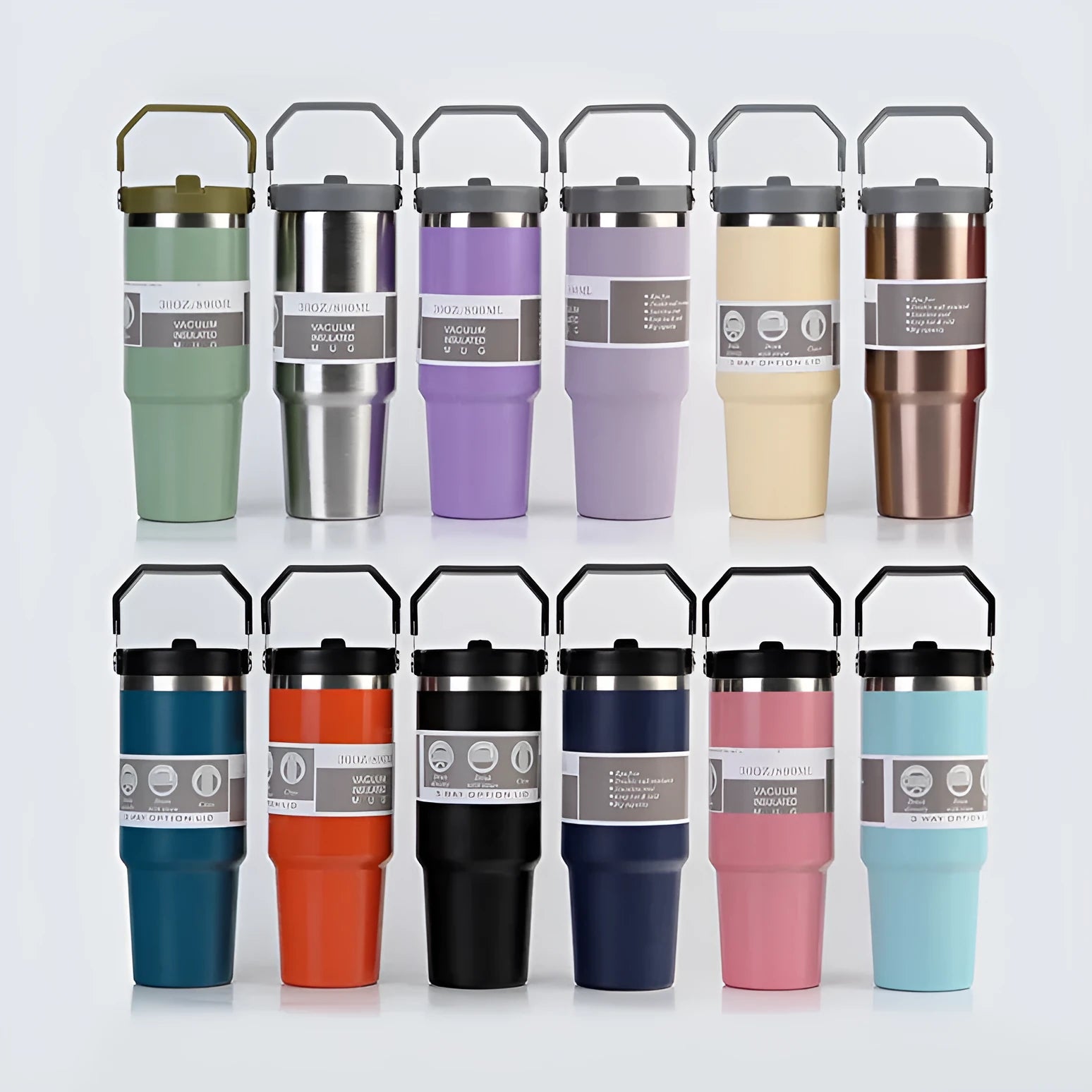 30oz stainless steel insulated travel tumbler with handle and cover in assorted colours.