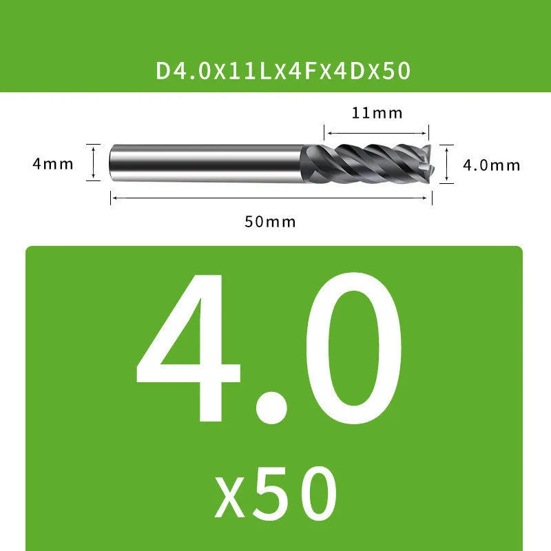 4-blade tungsten steel end mill showing cutting edges and diameter markings