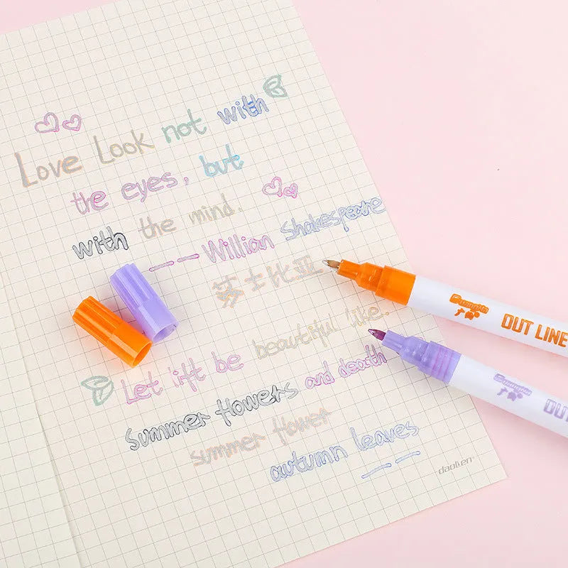 Set of eight fluorescent marker pens in a plastic storage case, showing bright colours and 2mm tips.