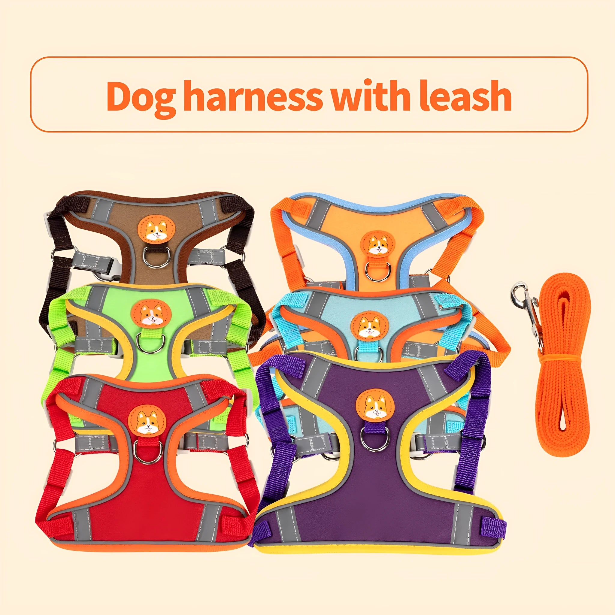 Adjustable dog harness with haulage rope in multiple colours and sizes
