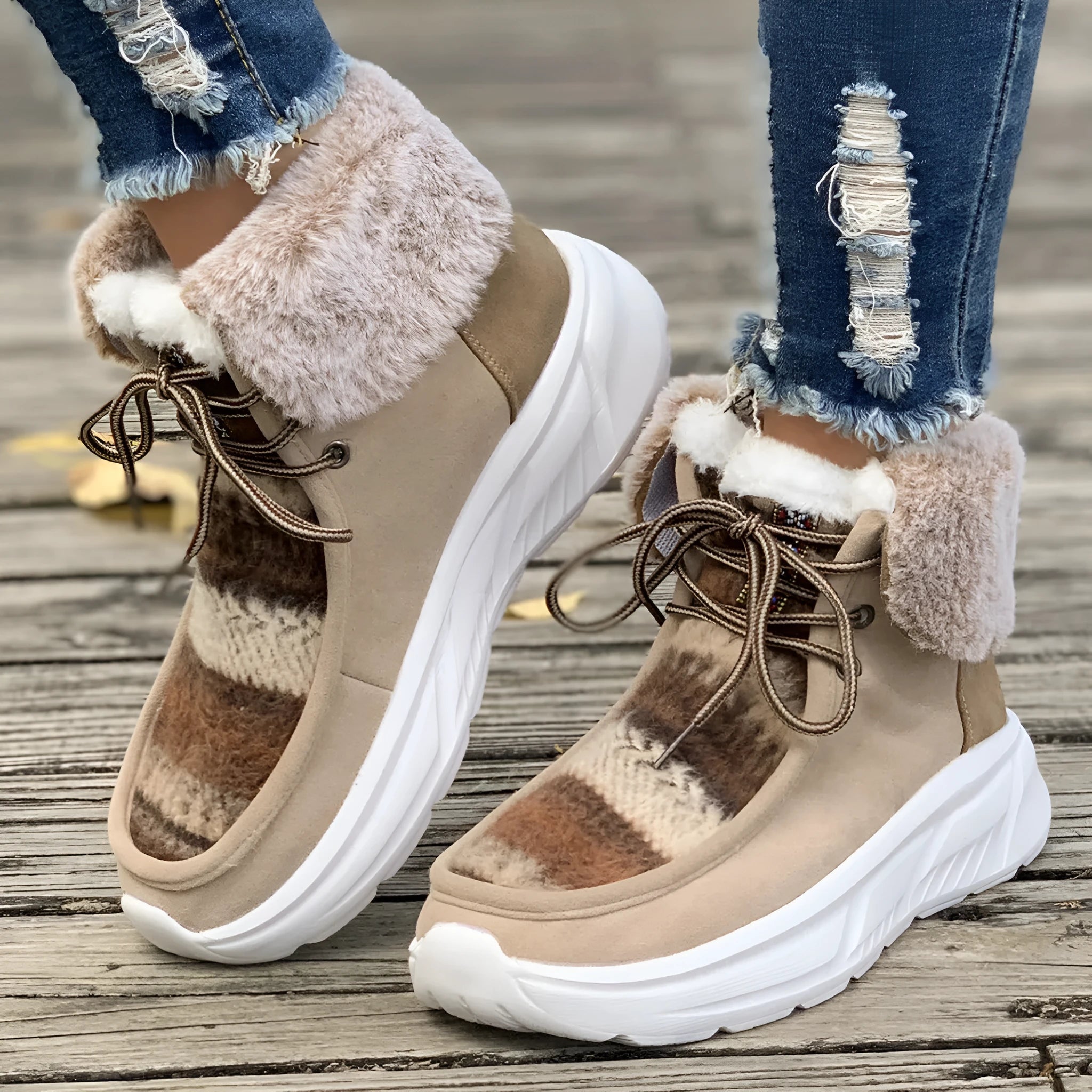 Women's beige lace-up snow boots with a suede upper and thick platform sole.