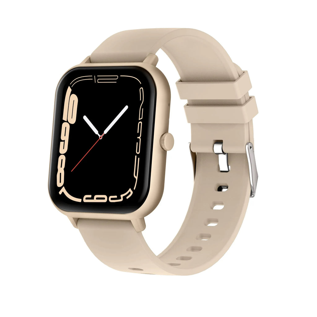 Bluetooth smart watch with touch screen showing heart rate monitor, in black, silver grey, pink, or khaki.