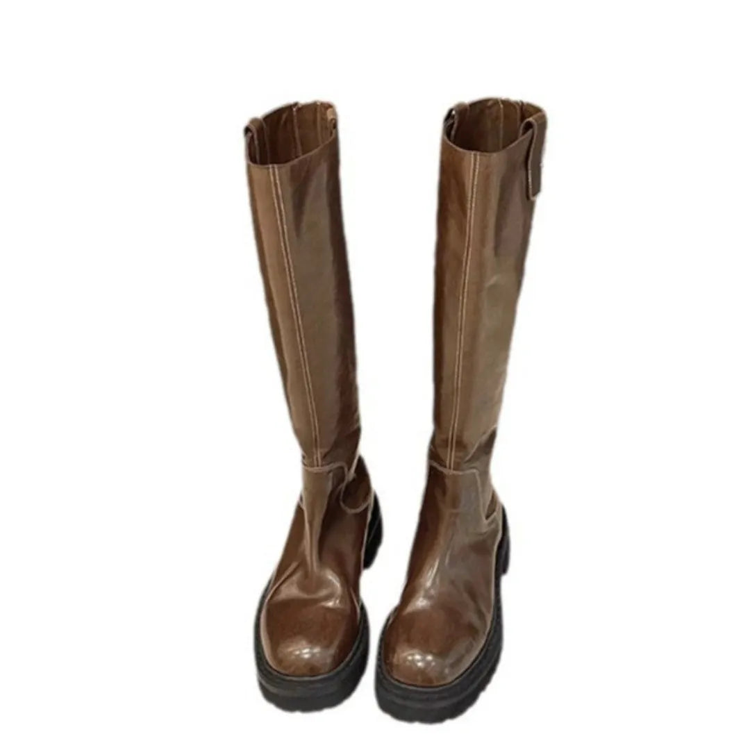 Round toe chunky heel long tube knight boots in black with back zipper closure