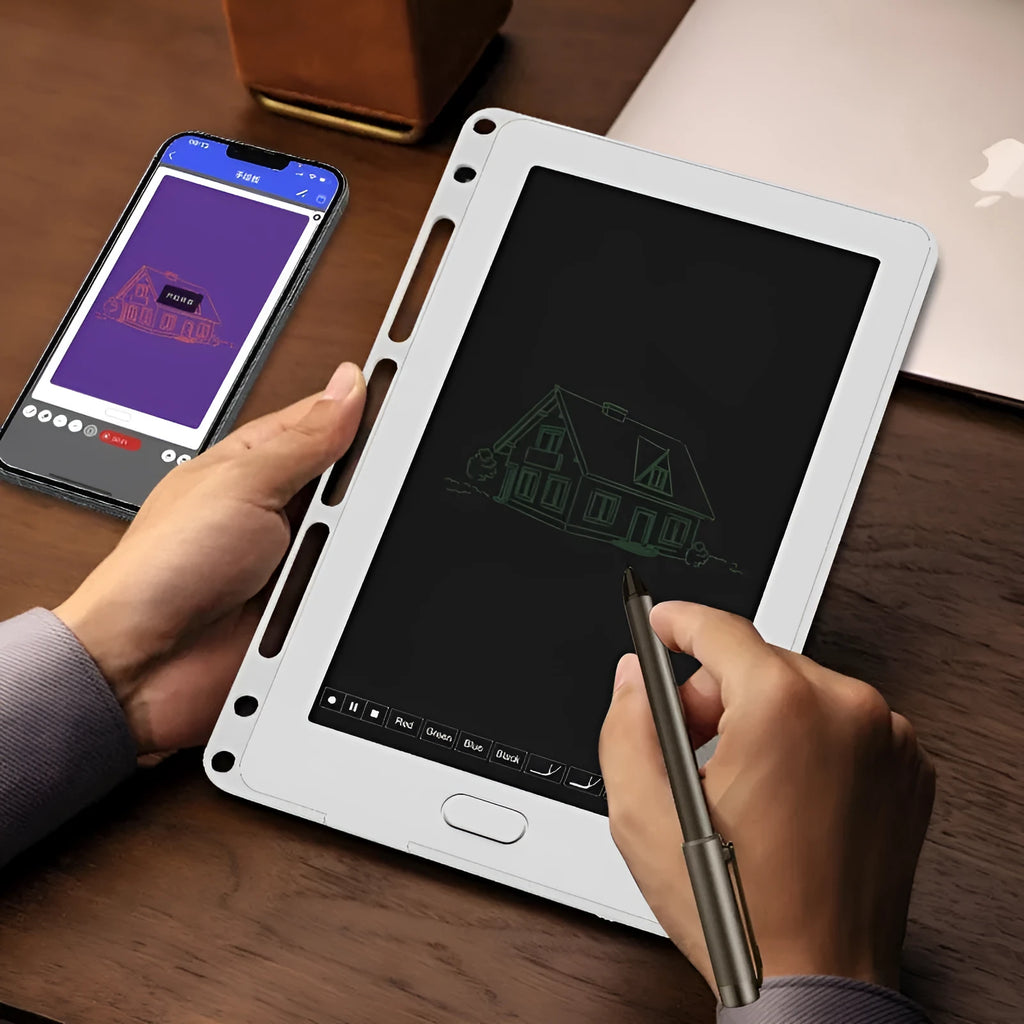 85-inch electronic writing pad with smart pen on a stitching design surface in blue.