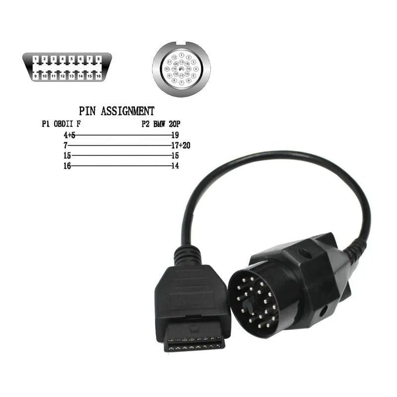 OBD2 adapter cable with a BMW 20-pin connector and a standard 16-pin OBD2 socket