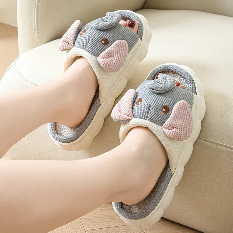 Elephant grey open toe linen slippers for couples with PVC sole and EVA midsole