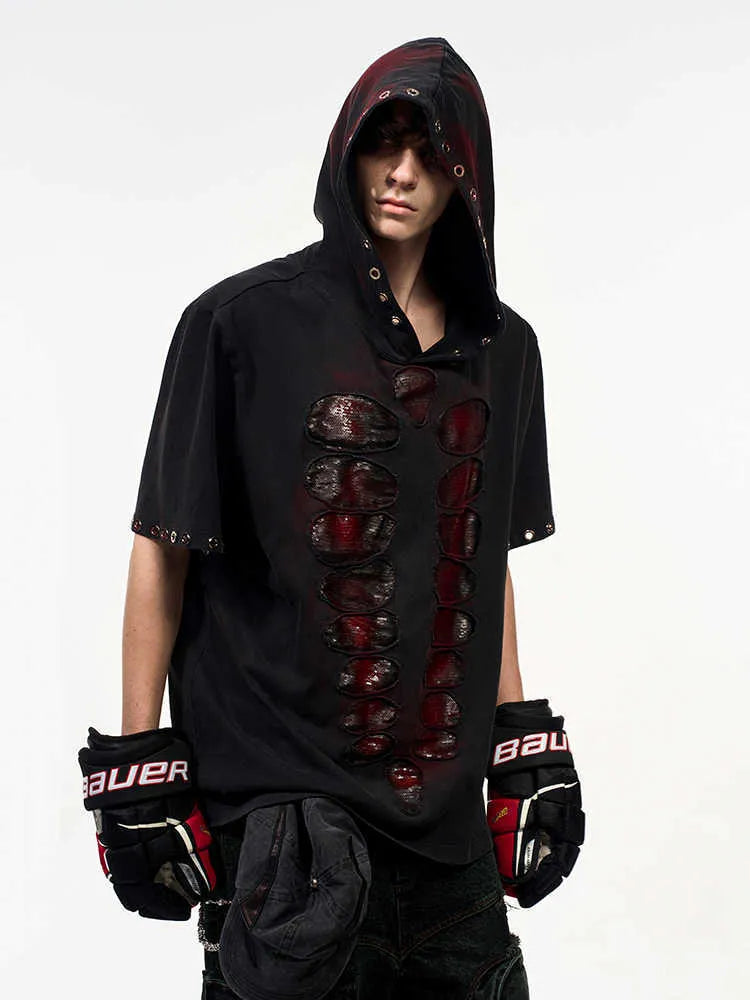 Black men's hooded T-shirt with short sleeves and all-over sequin design.
