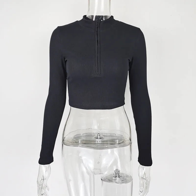 Women's solid colour zipper crop slim fit top in black, long sleeves, front zipper