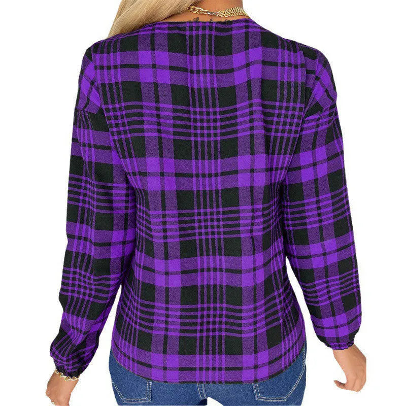 Women's purple, grey, and red loose-fit plaid casual shirt with long sleeves.