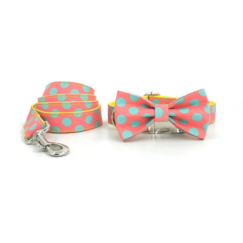 Yellow polka dot dog collar and matching lead set with adjustable sizing