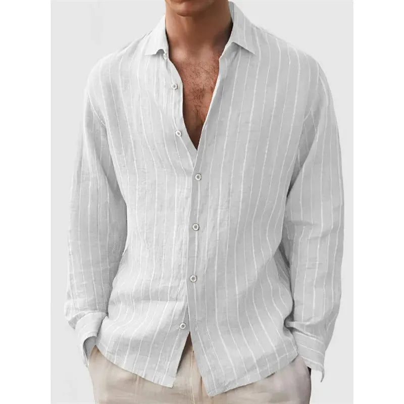 Men's loose fit striped print cardigan shirt in polyester with short sleeves