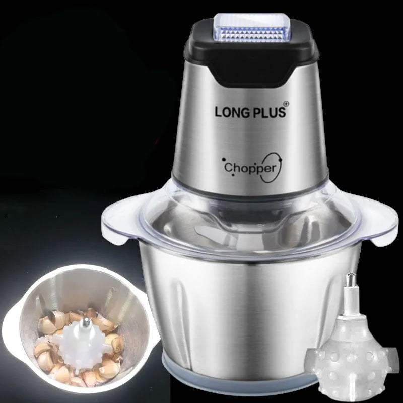 LONG PLUS 200W electric meat grinder with stainless steel blades on a kitchen counter