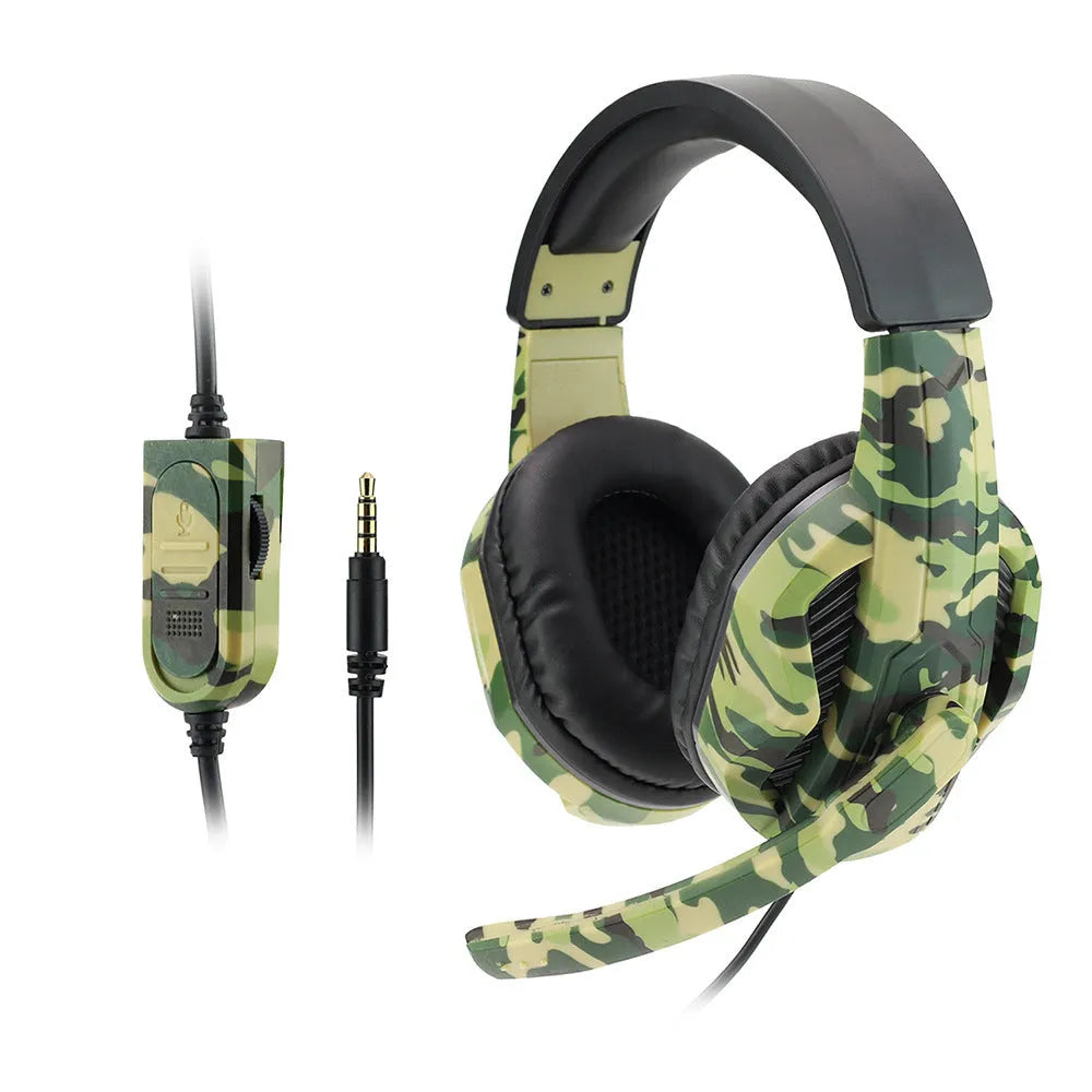 Army green camouflage wired over-ear gaming headset with a black cable and built-in microphone.