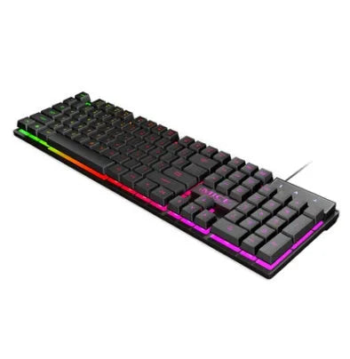 Black USB wired backlit gaming keyboard with frosted keycaps on a desk.