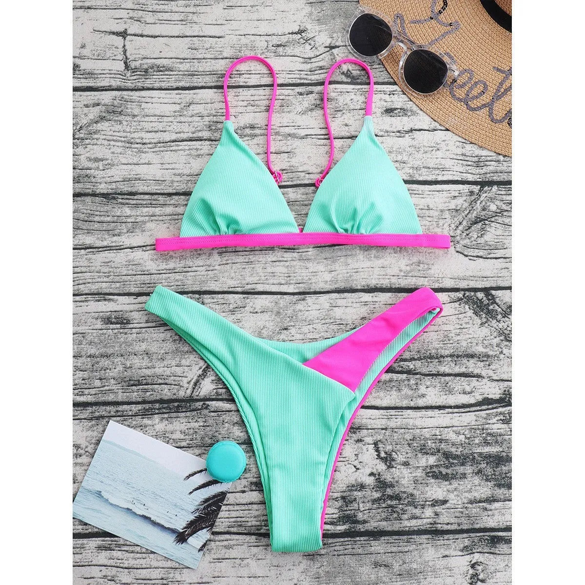Women's European American style swimsuit briefs bikini set in nylon fabric