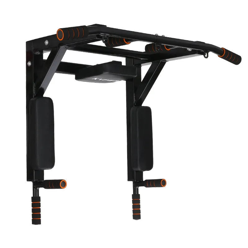 Black wall-mounted fitness equipment with sandbag rack and single parallel bars