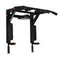 Black wall-mounted fitness equipment with sandbag rack and single parallel bars