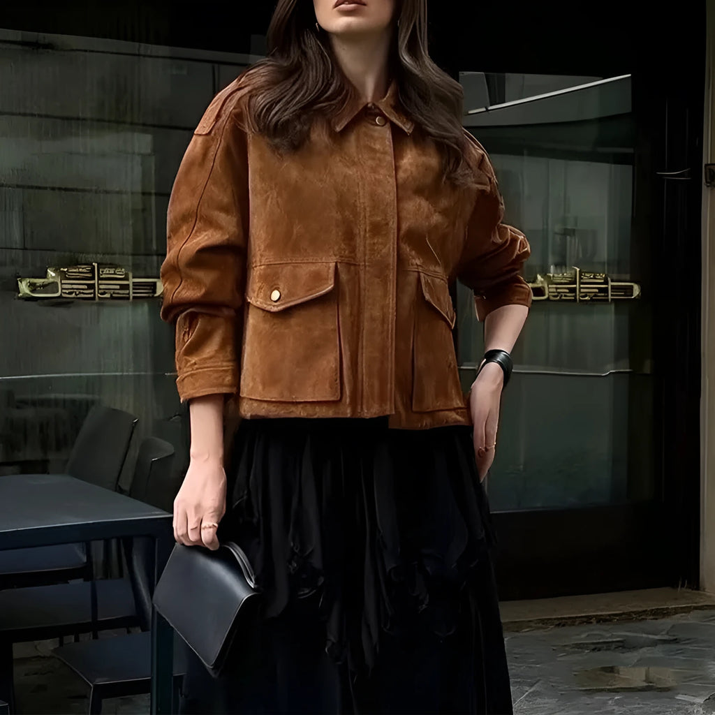 Women's suede-look coat in street chic style with regular sleeves in brown colour