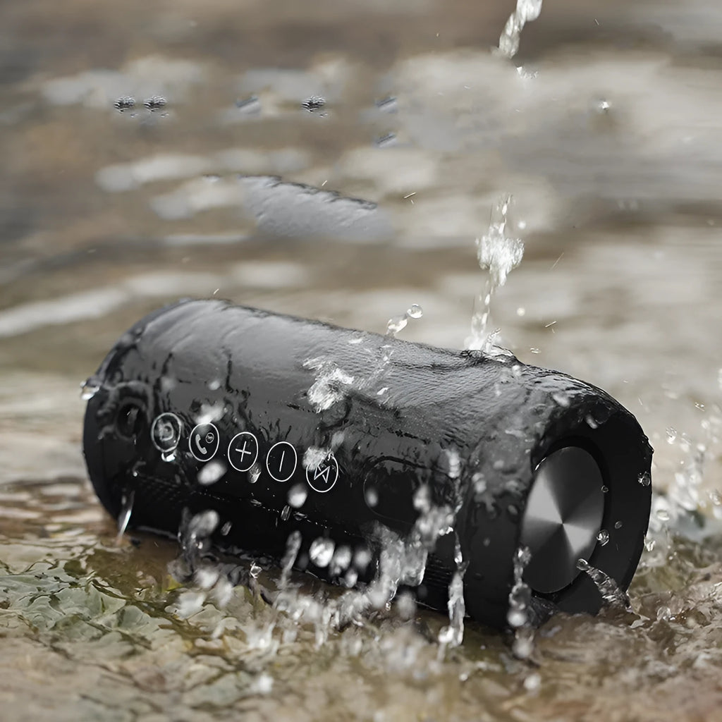 Portable outdoor Bluetooth speaker in black, camouflage, grey, or red colour options.