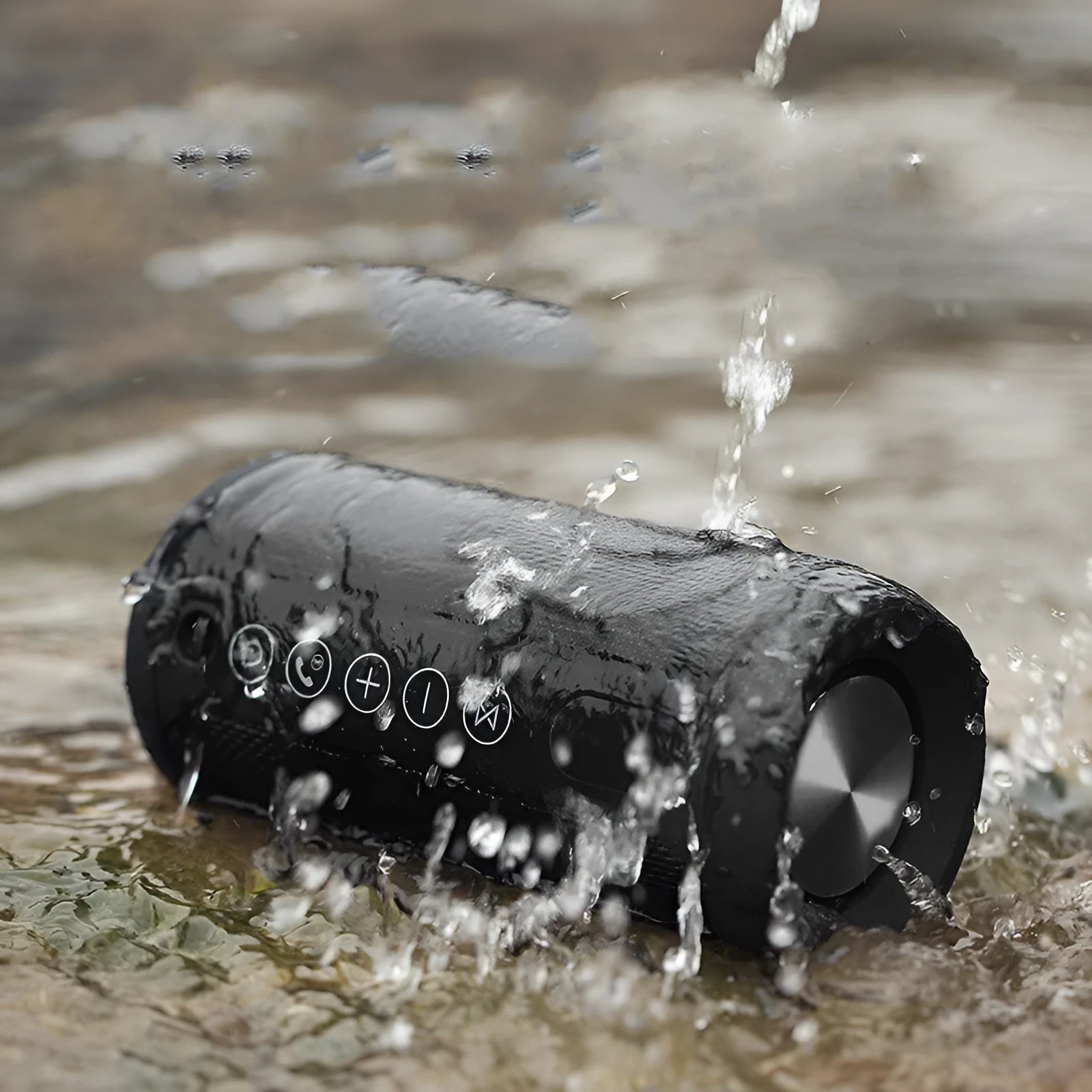 Portable outdoor Bluetooth speaker in black, camouflage, grey, or red colour options.