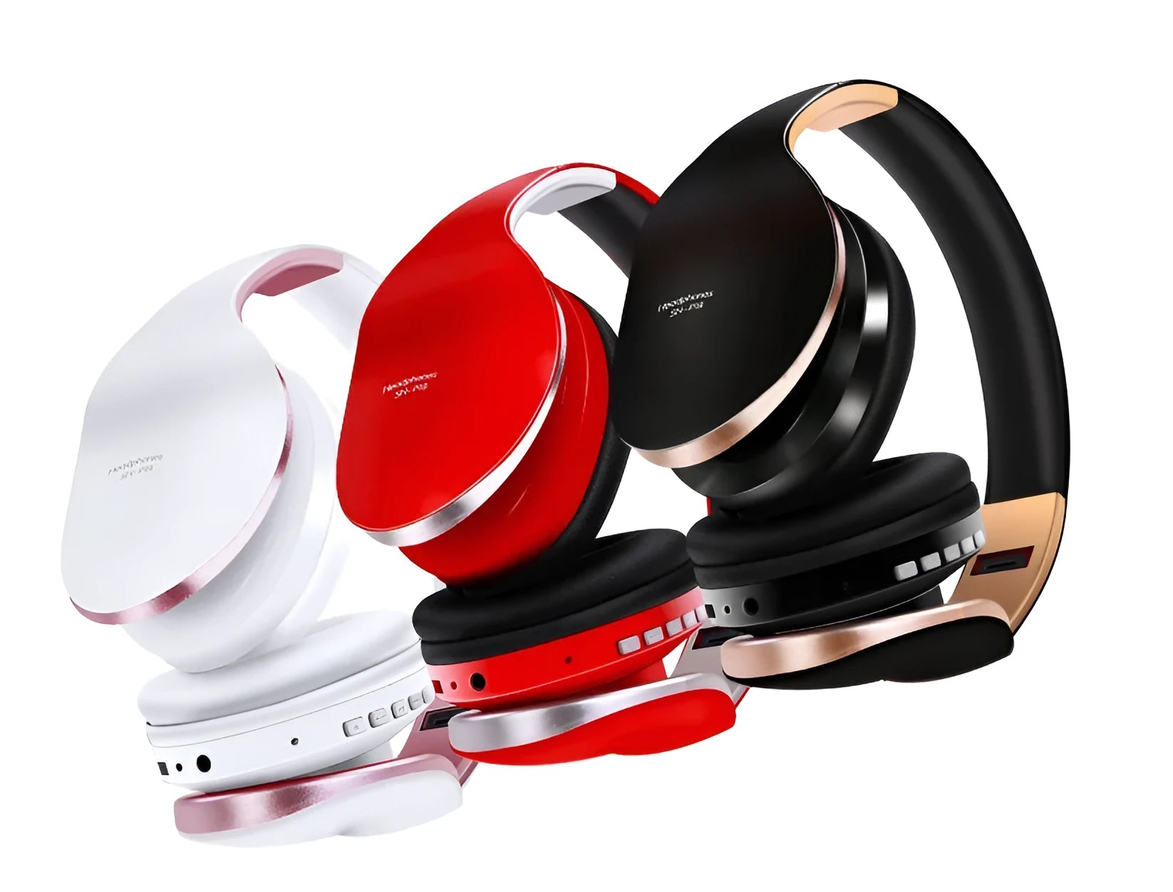 HobbyLane Bluetooth headset in black, red, or white colours showing over-ear design and included auxiliary cable.