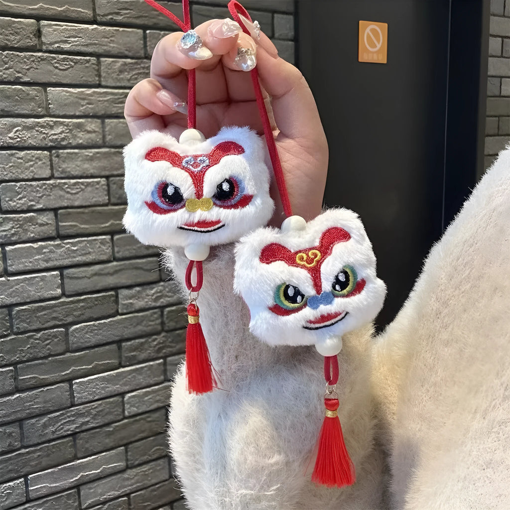 Chinese style plush lion tassel ornament keychain in blue or yellow colour
