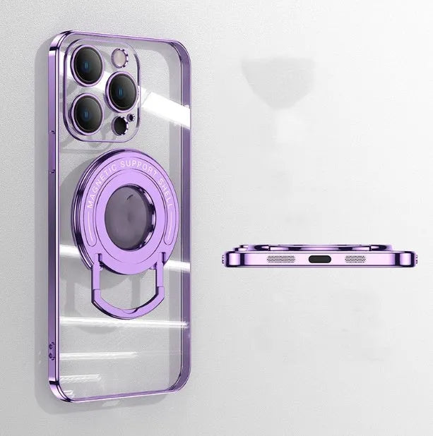 Transparent magnetic iPhone case with retractable stand pulled out, shown in far peak blue colour