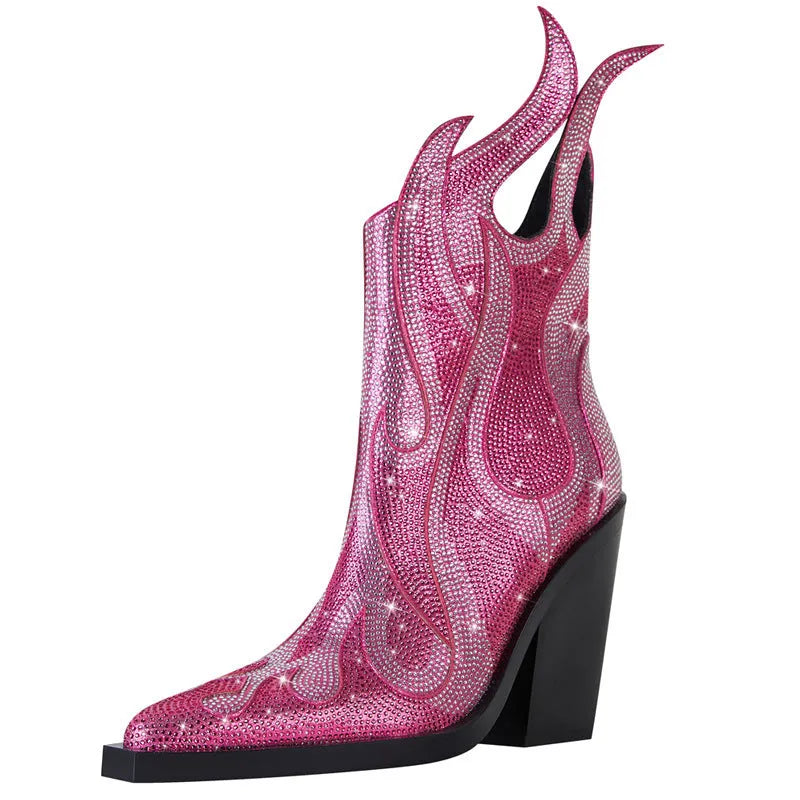Women's black chunky heel Martin boots with square toe and rhinestone flame decoration.