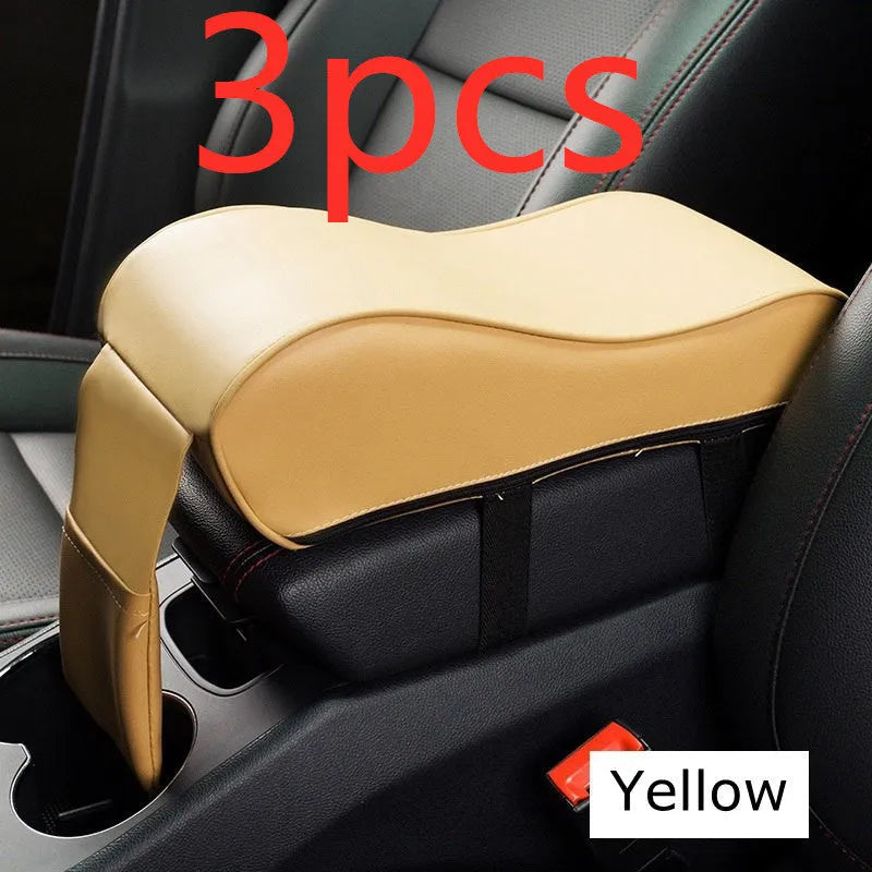 Black PU leather car armrest pad for centre console with dimensions 34x11x16cm