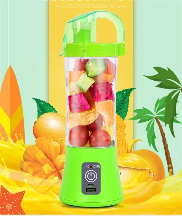 Blue handheld USB rechargeable fruit juicer with 400ml cup and 150W motor