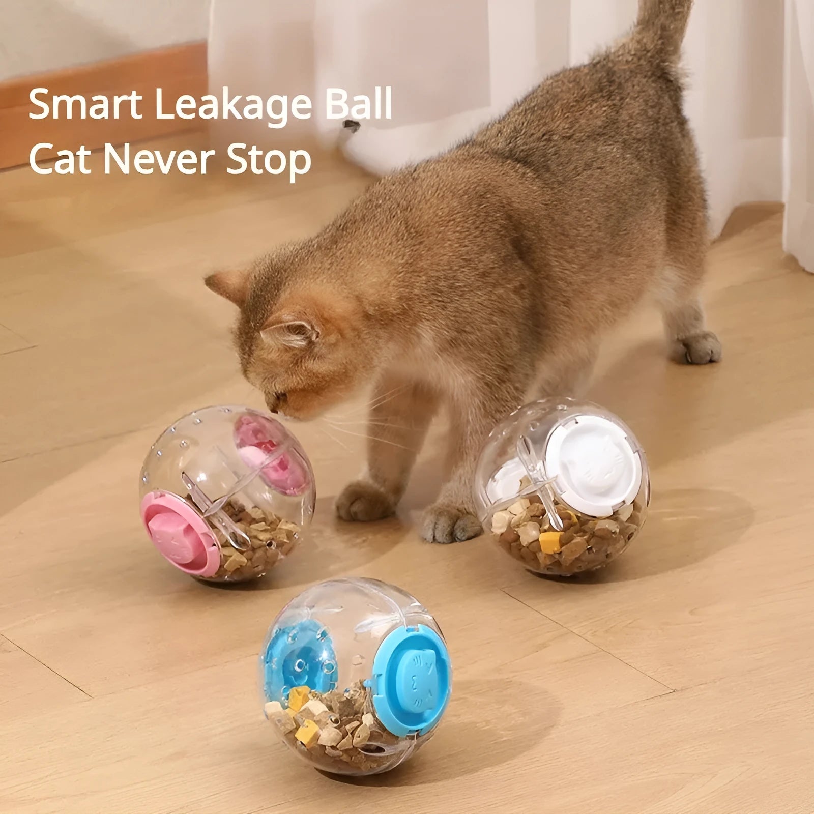 Clear blue slow feed ball for dogs and cats with small openings for treat dispensing