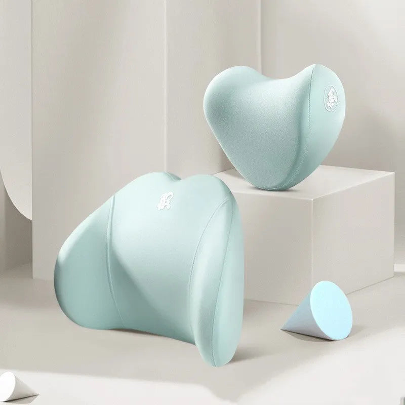 Memory foam car pillow set with headrest and lumbar support cushions in cotton covers with heart patterns