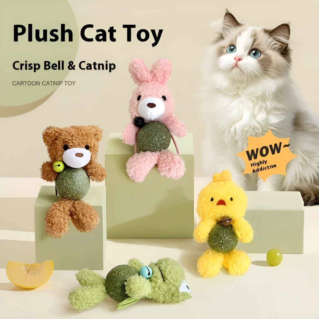 Soft plush cat toy in the shape of a bear, containing catnip and a bell, next to a measuring tape showing 15cm.