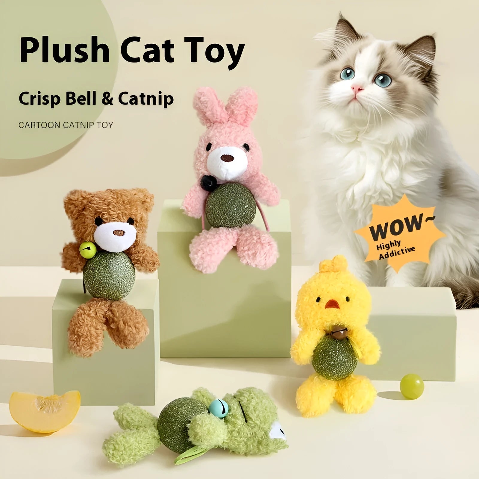 Soft plush cat toy in the shape of a bear, containing catnip and a bell, next to a measuring tape showing 15cm.