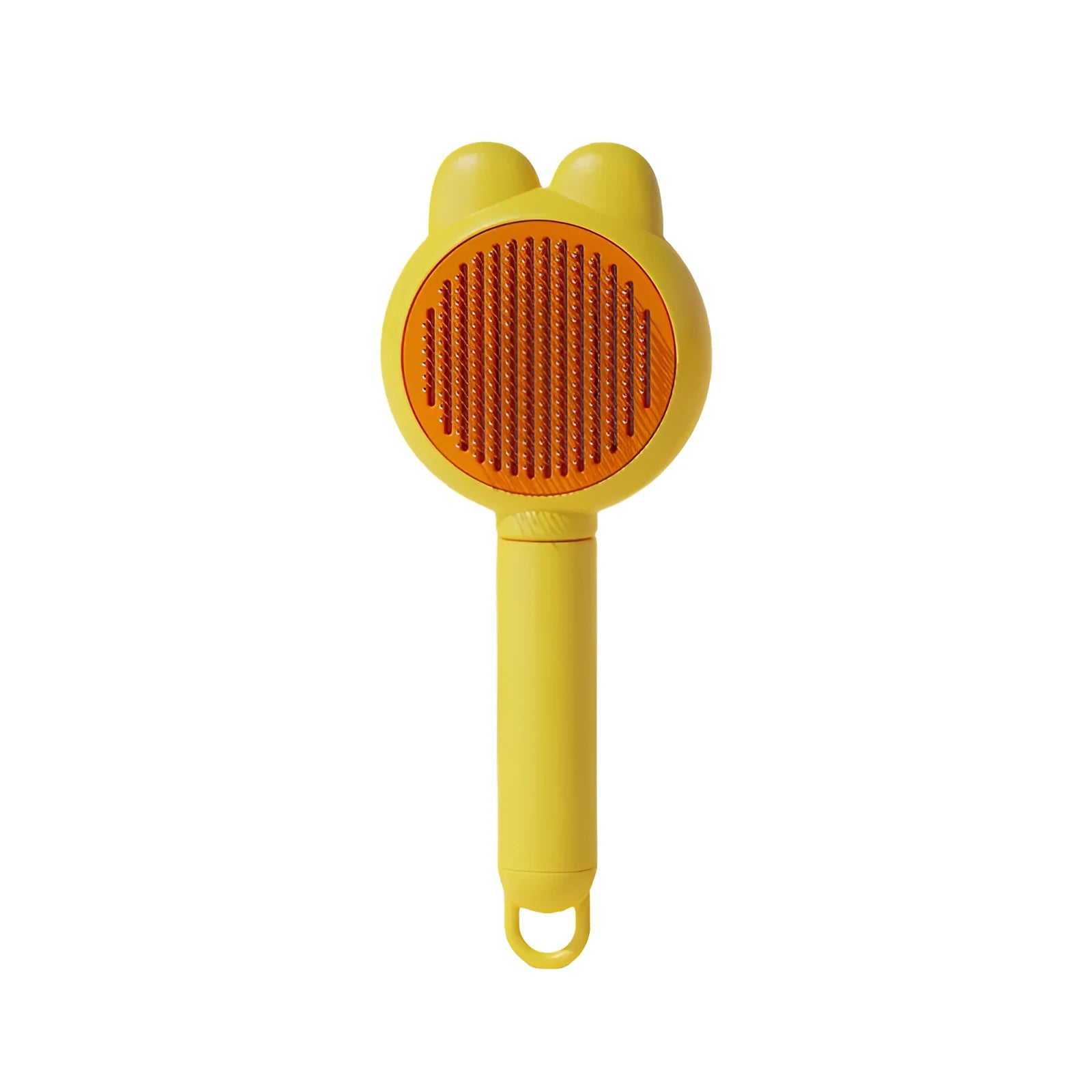 Green self-cleaning pet brush with release button and stainless steel comb for grooming cats and dogs
