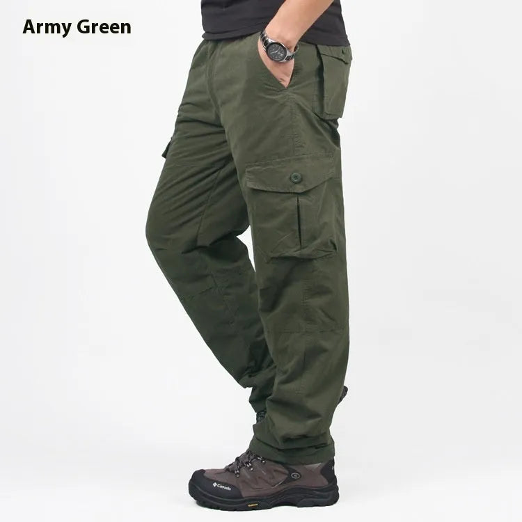 Men's thick cotton thermal overalls with wool lining in khaki colour, showing loose straight-leg fit.
