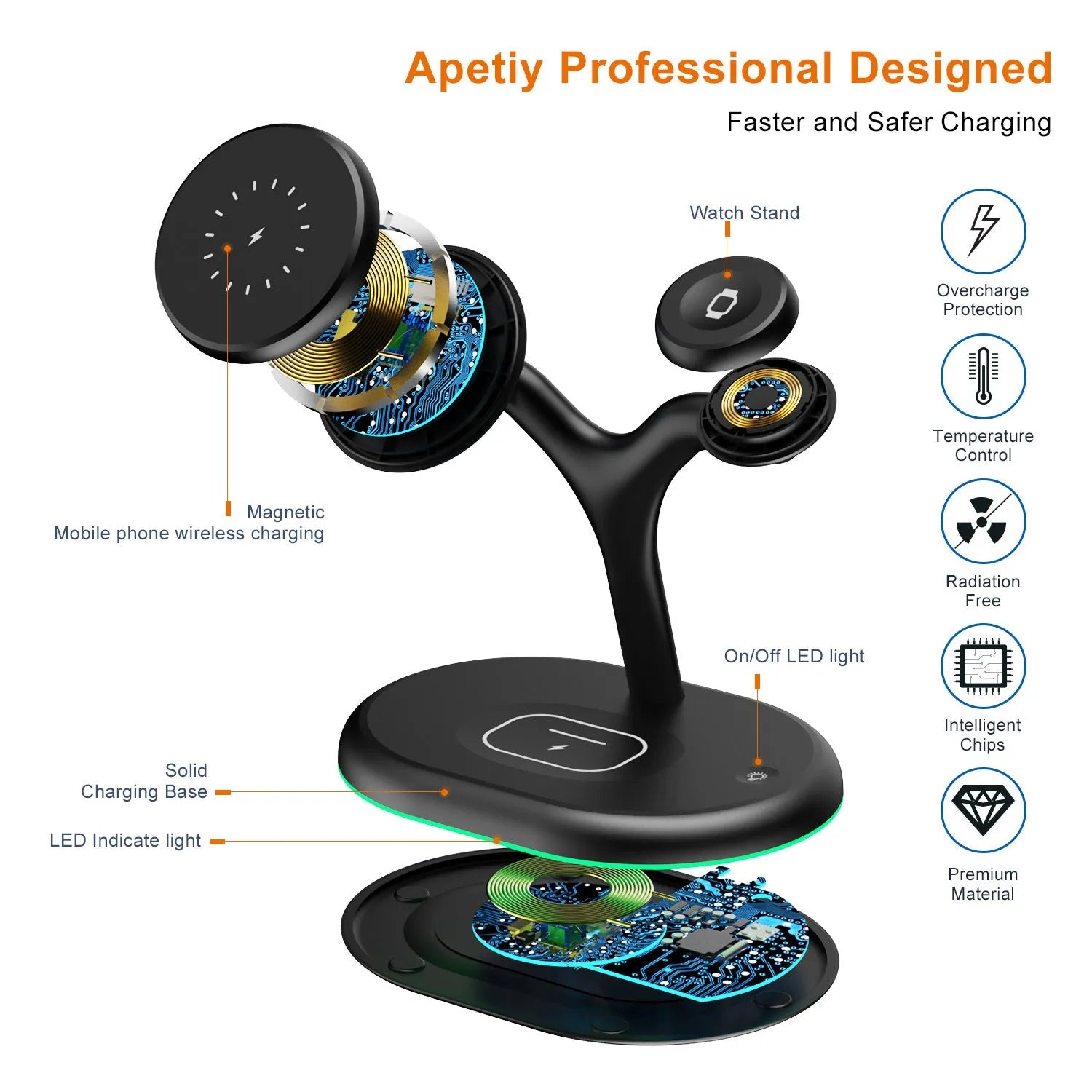 Black multifunctional three-in-one magnetic wireless charger on a desk