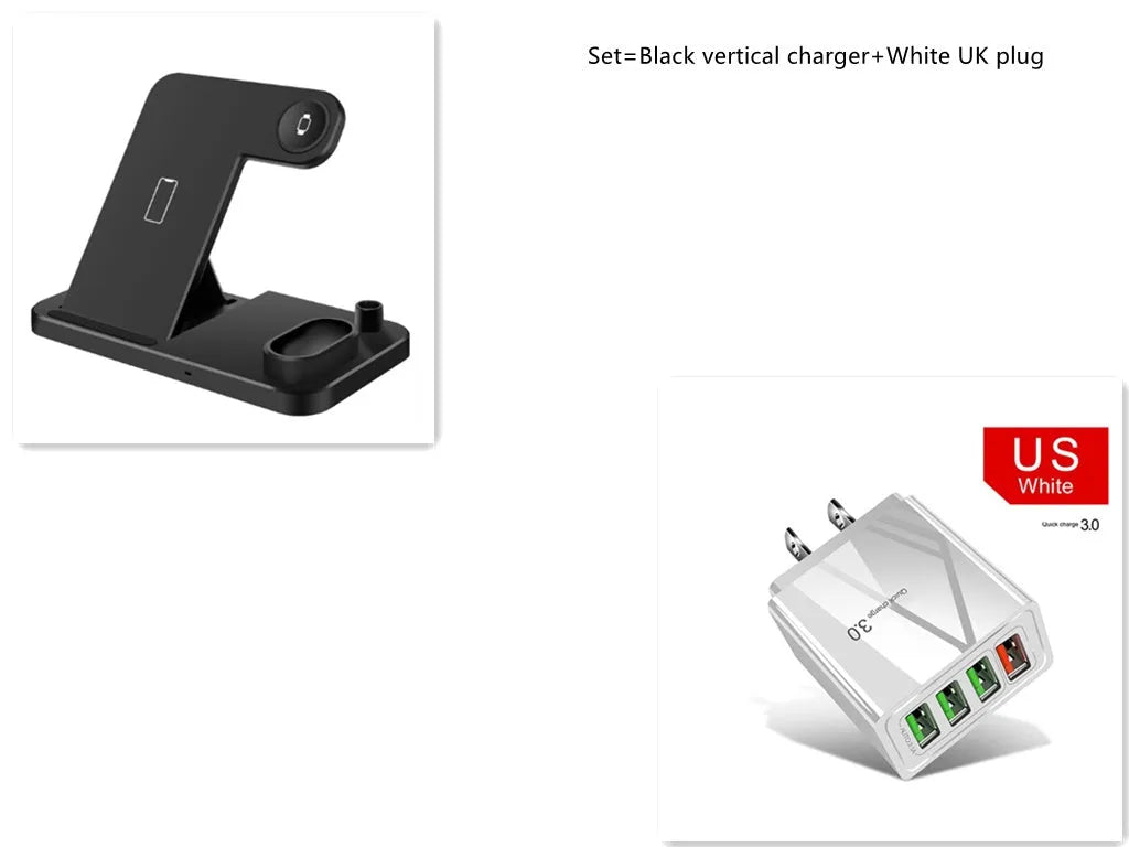 4-in-1 adjustable wireless charging station showing phone, watch, earbuds and pencil charging on a desk.