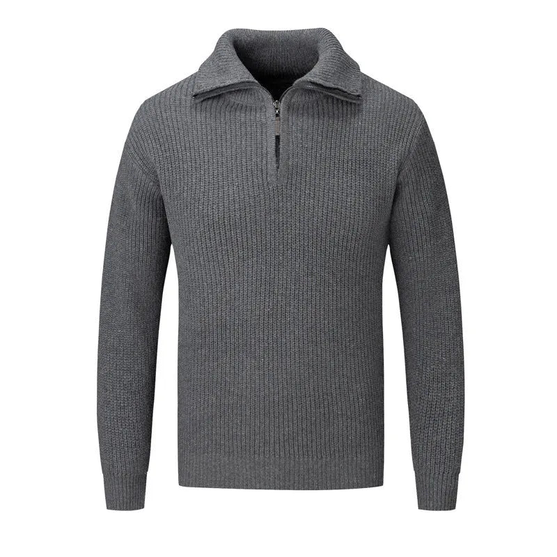 Men's solid colour loose fit pullover sweater in a neutral shade on a hanger.